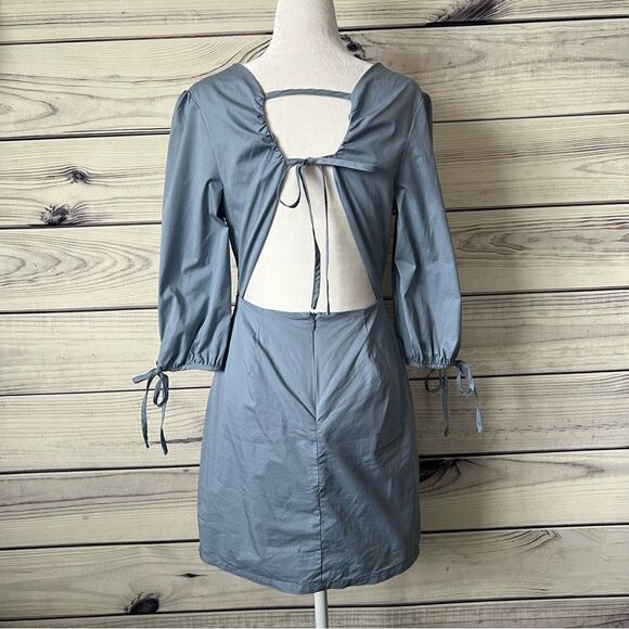 Lulus Dusty Blue Open Back V Neck A-Line Mini Dress - Picture 10 of 13